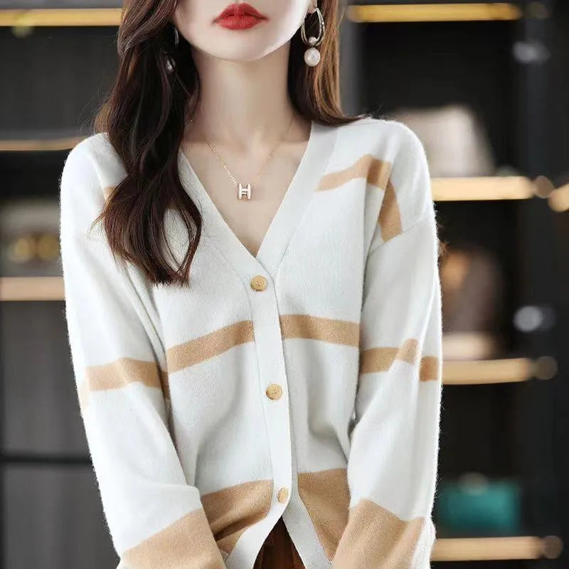 Women's slim fit striped knitted cardigan with V-neck, 3D pattern, and button front in multiple colours.
