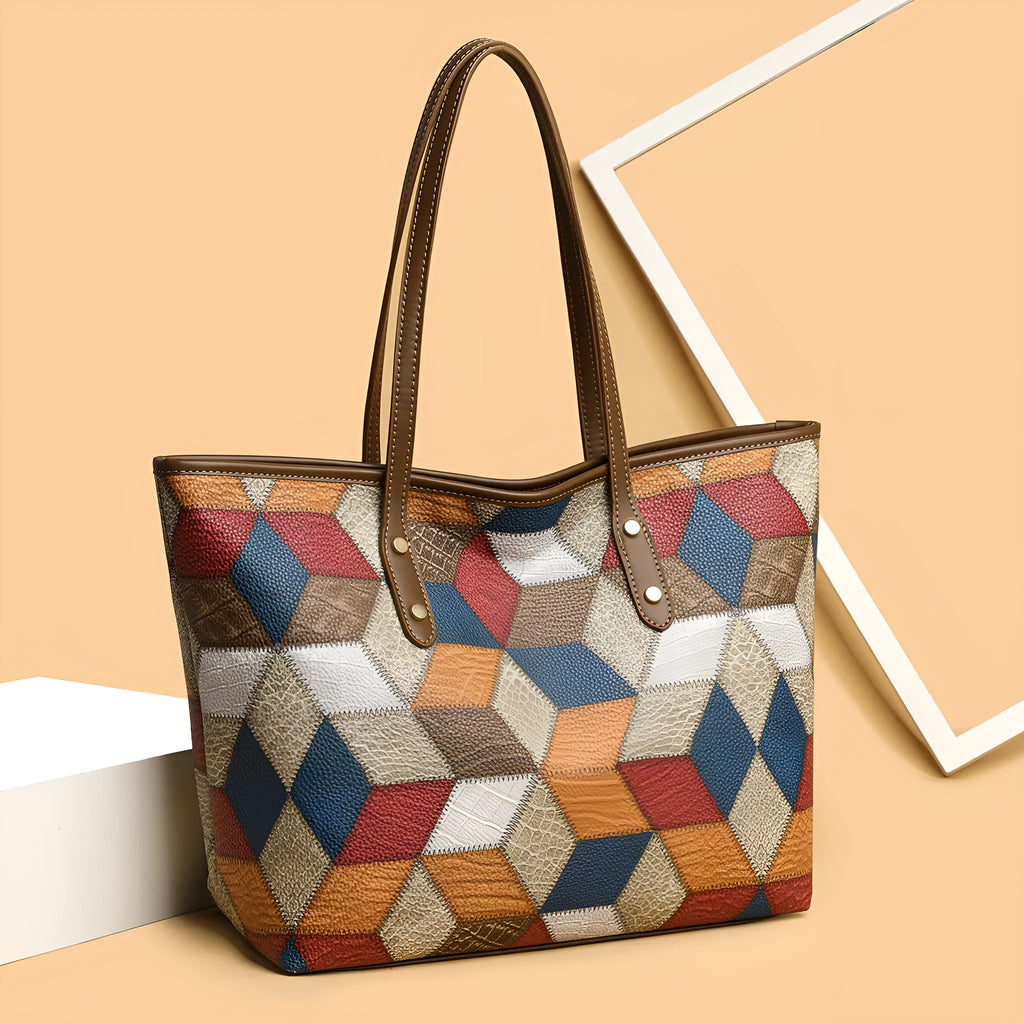 Women's blue brown PVC shoulder handbag with sandwich pockets and large capacity