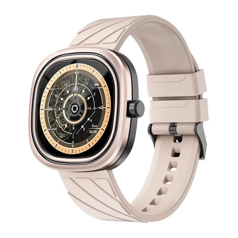 Black smart bracelet watch with 1.32-inch screen and silicone band on a wrist.
