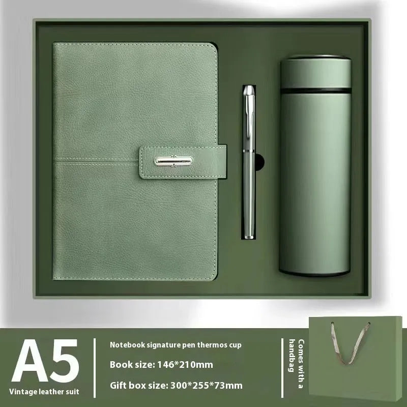 A5 notebook with a PU leather cover, open to show wood-free paper pages.