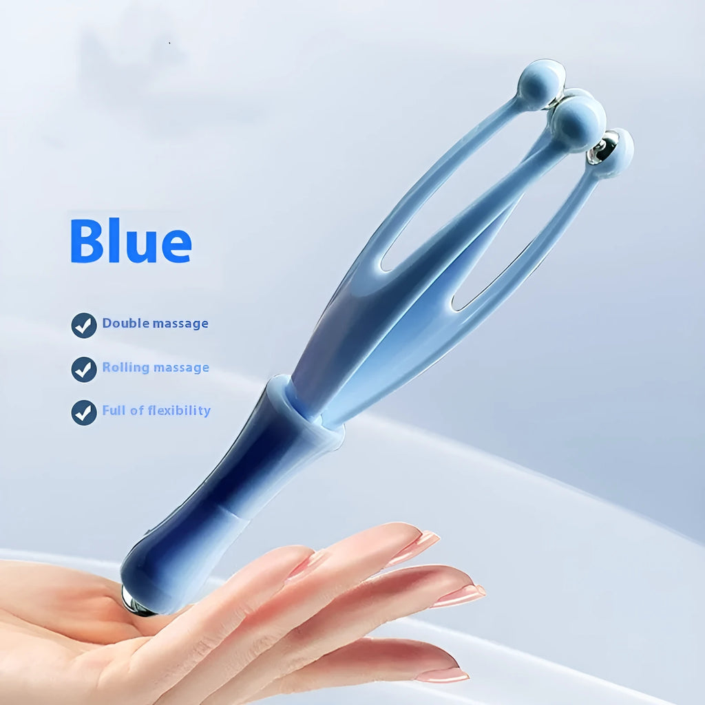 Blue and white finger massager with steel balls for hand joint rolling therapy