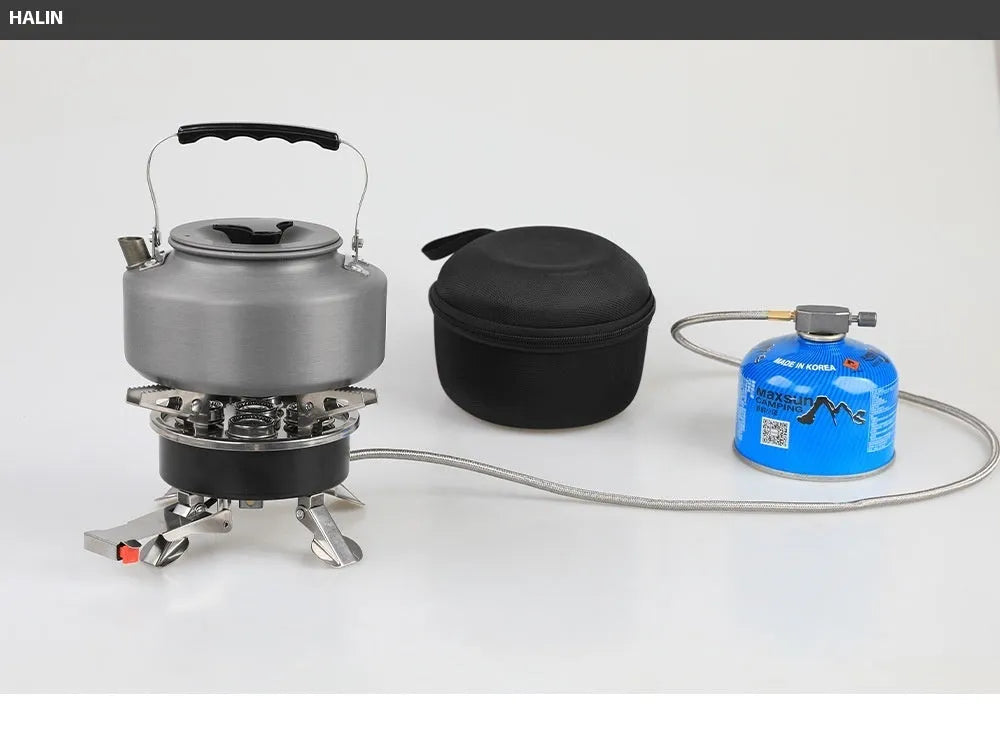 Silver stainless steel split camping stove with 100cm hose, folded dimensions 155x125mm