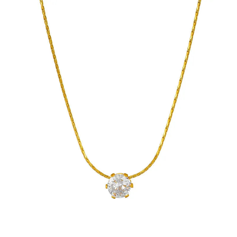 Gold titanium steel necklace with six-claw round zircon pendant, mixed gemstone inlay and bamboo chain