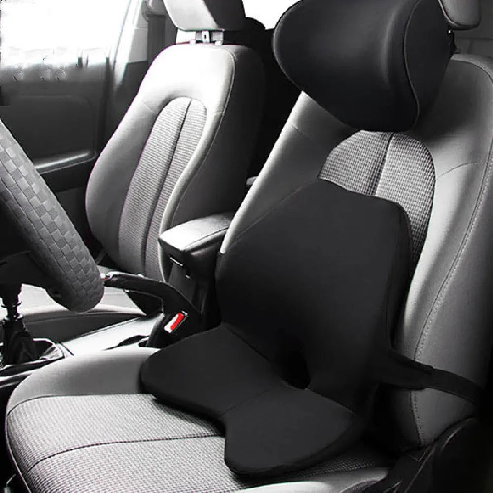 Memory foam car lumbar support pillow with adjustable straps in beige colour
