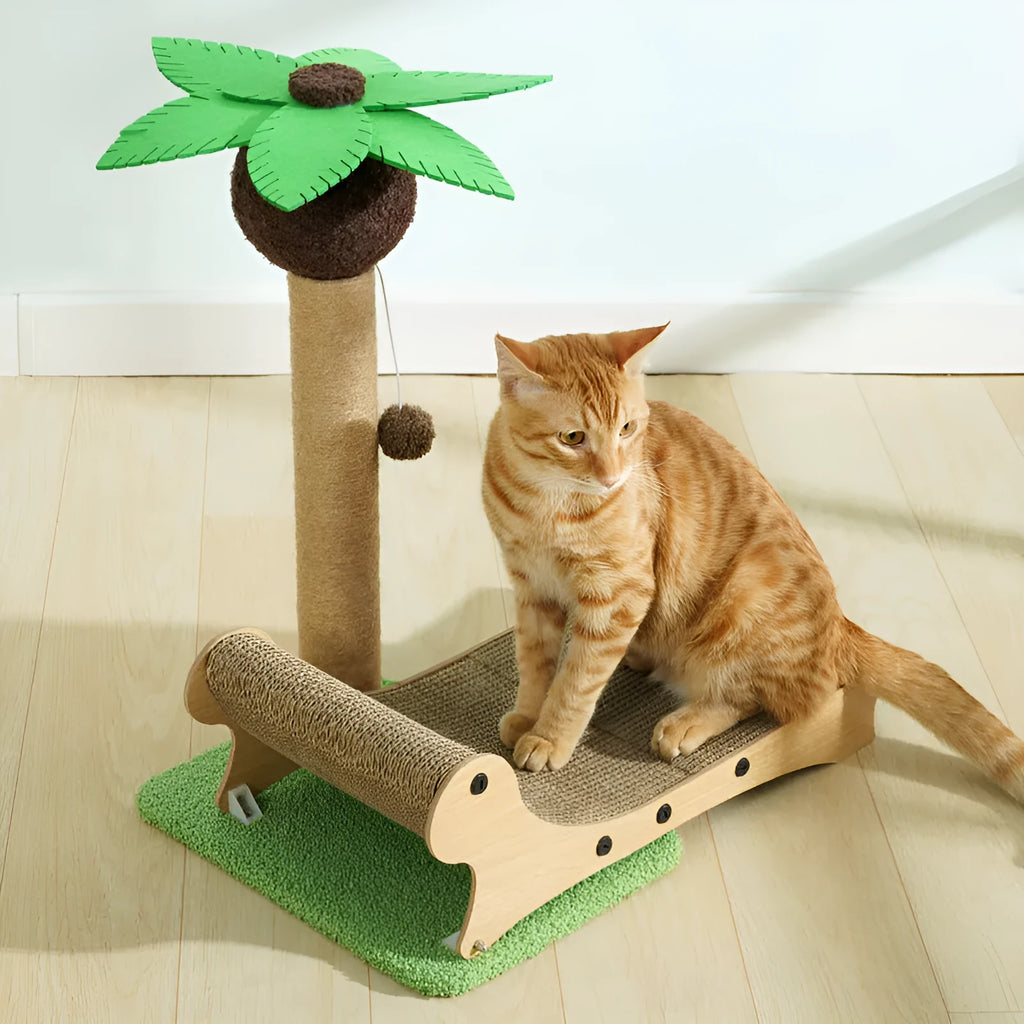Wooden beach chair style cat climbing frame with integrated scratch board and hemp mat