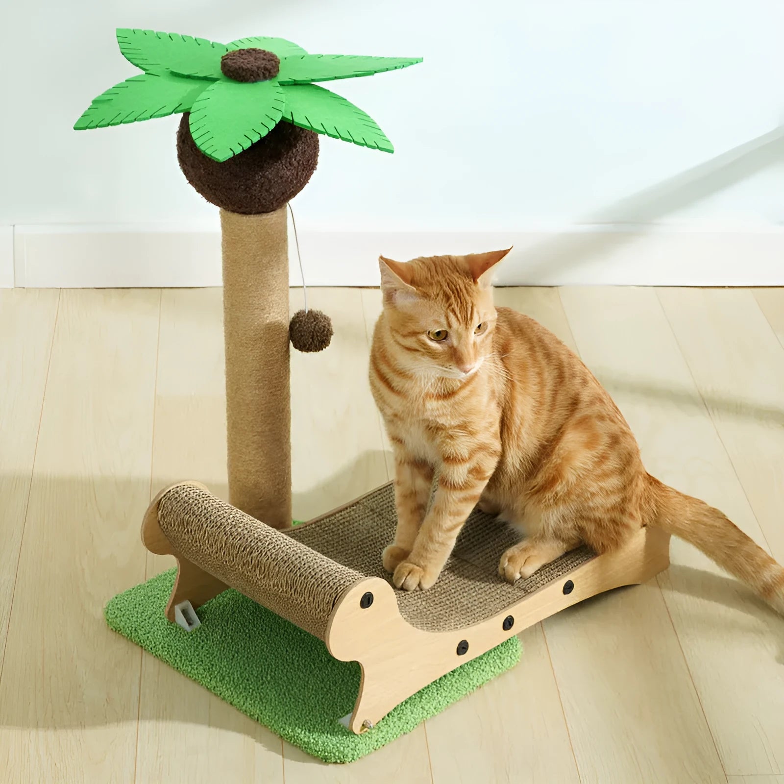 Wooden beach chair style cat climbing frame with integrated scratch board and hemp mat