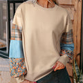Women's apricot and red plaid stitch long sleeve loose fit casual polyester top