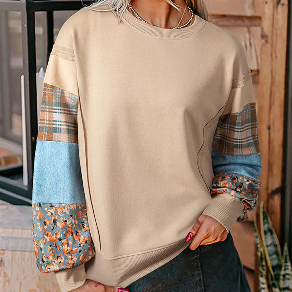 Women's apricot and red plaid stitch long sleeve loose fit casual polyester top