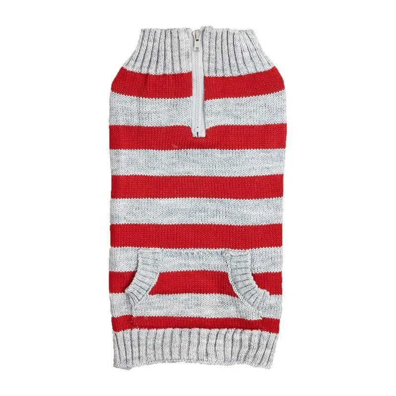 Grey dog sweater with contrast colour horizontal zip and button pockets on a small dog.