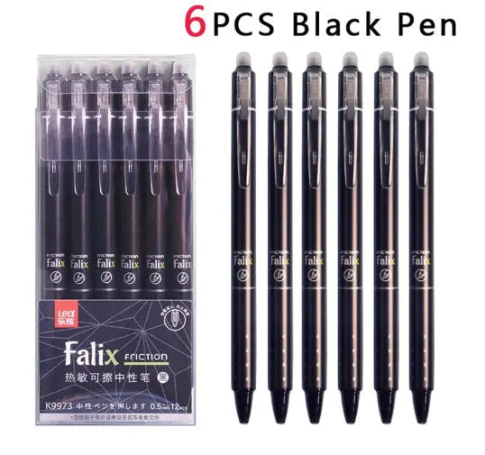 Blue and black hot erasable push gel pen with 0.5mm stainless steel nib for school students.