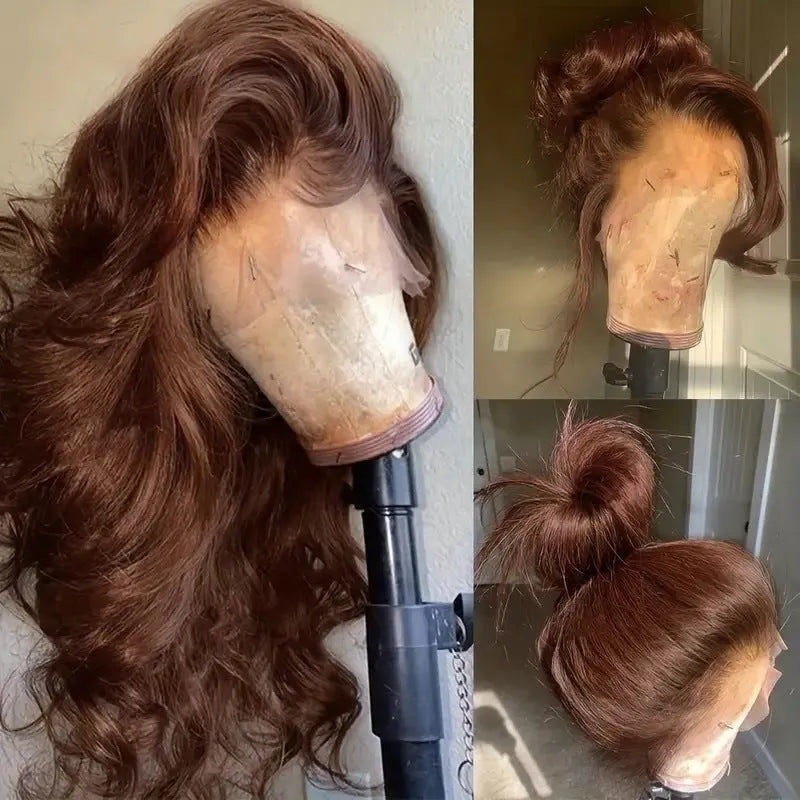 Women's dark brown long curly lace front wig with side bangs made from high temperature fiber