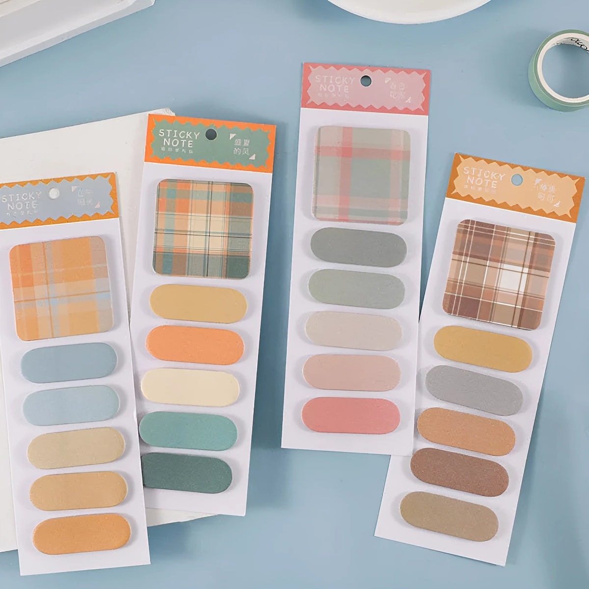 Colourful memo pad with plaid design sticky notes showing 6 different colours at 67mm x 200mm size