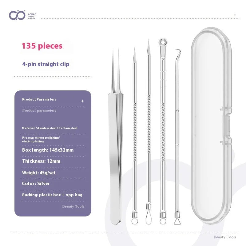 Four silver metal acne needles and a handling clip laid out on a clean surface.