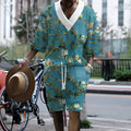 Peacock blue men's 3D printed knitted shorts and T-shirt casual suit set