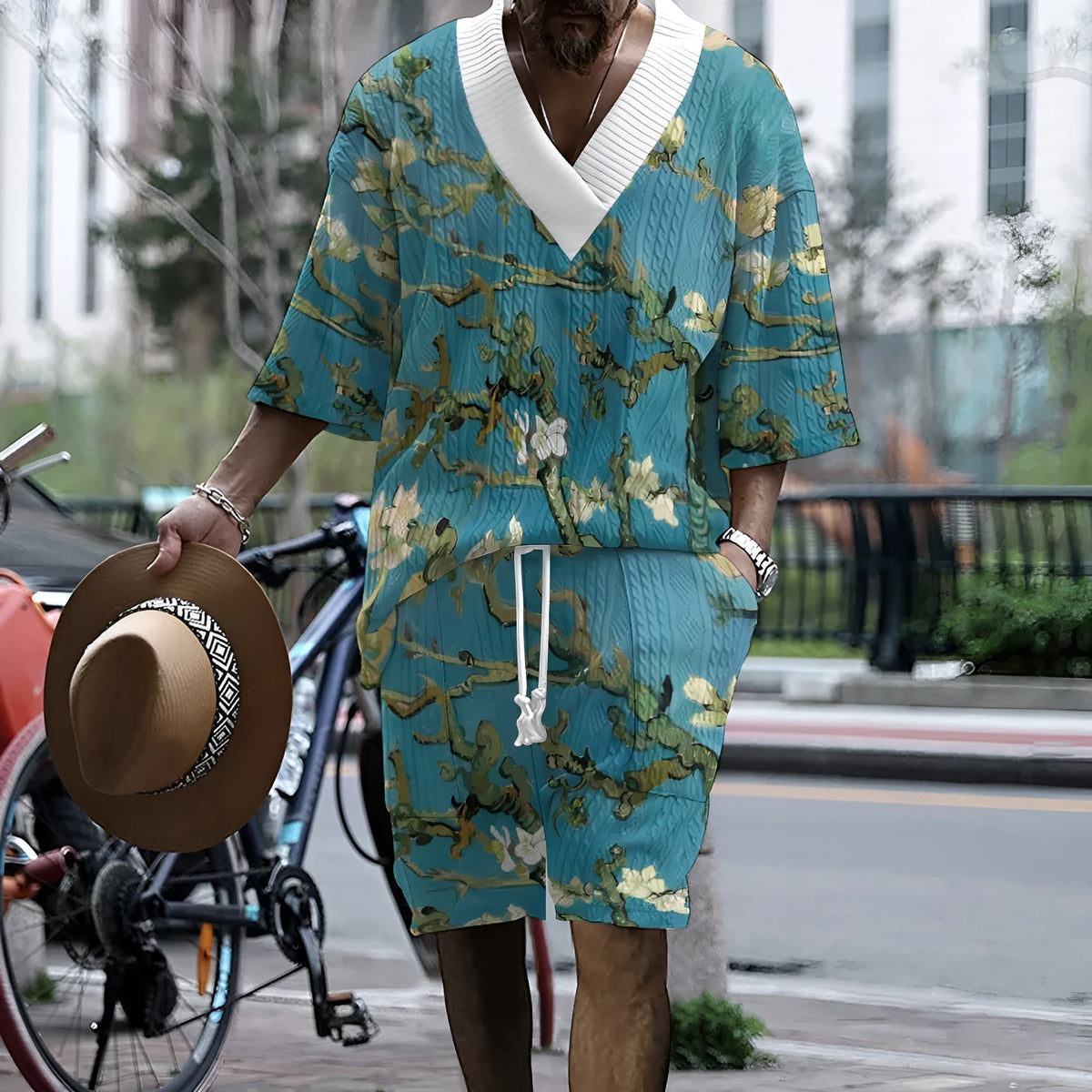 Peacock blue men's 3D printed knitted shorts and T-shirt casual suit set