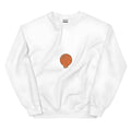 White printed long sleeve fleece hoodie sweatshirt with side pockets on a loose fit model.