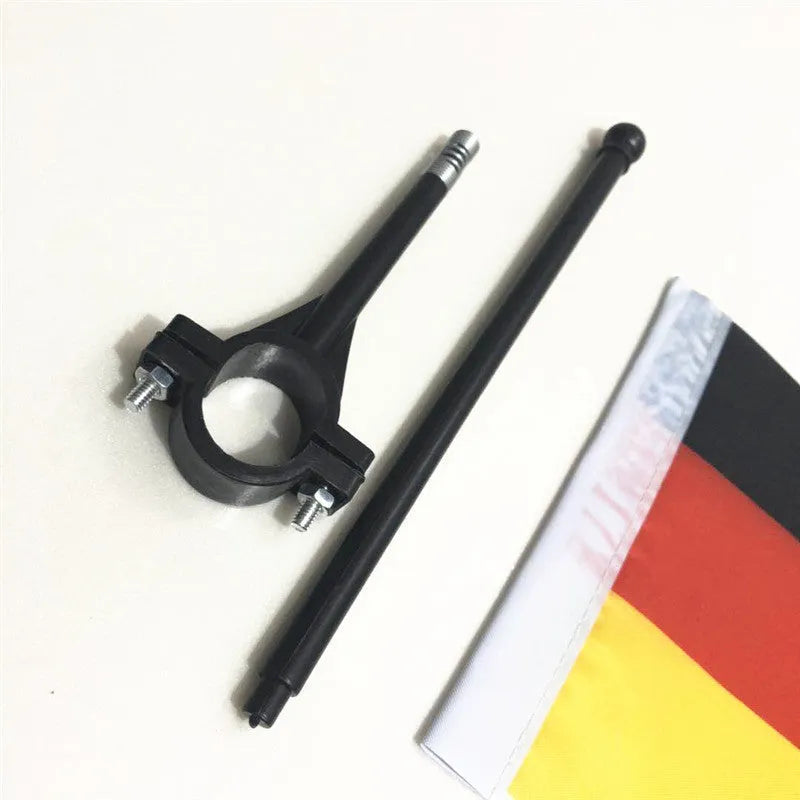 Square polyester car flag mounted on plastic handlebar flagpole for promotional display