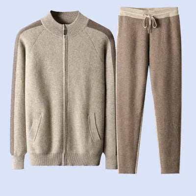 Men's navy blue cashmere wool blend winter sports suit with half turtleneck zipper cardigan and trousers