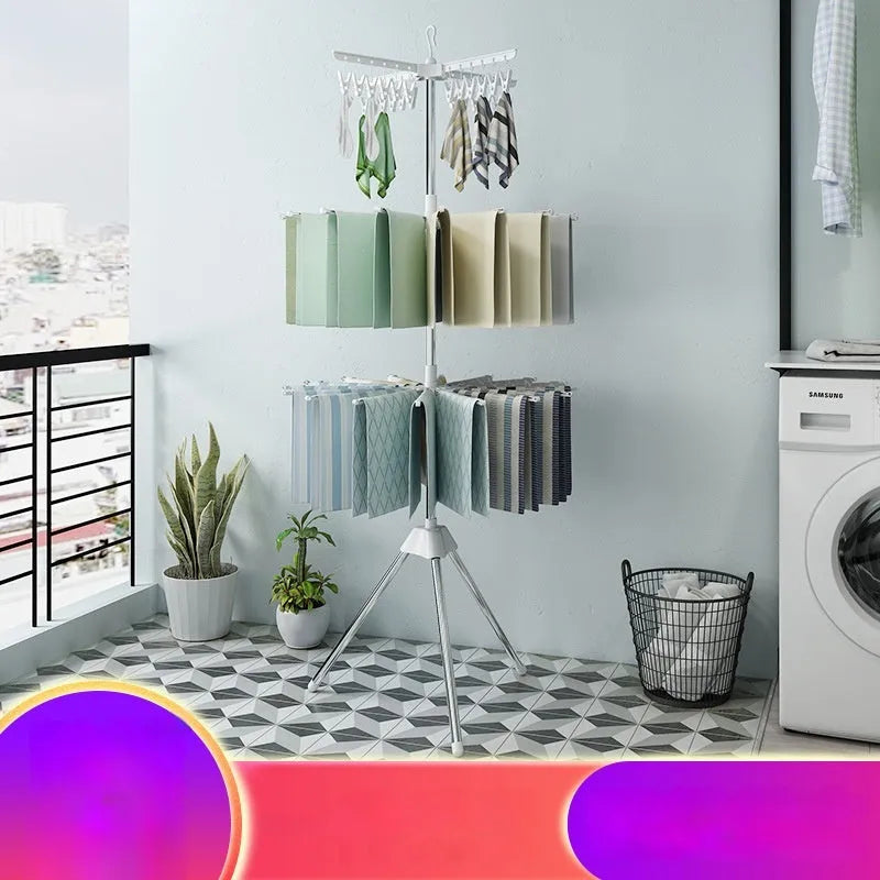 Stainless steel three-layer mobile drying rack with plastic clips for socks and trousers