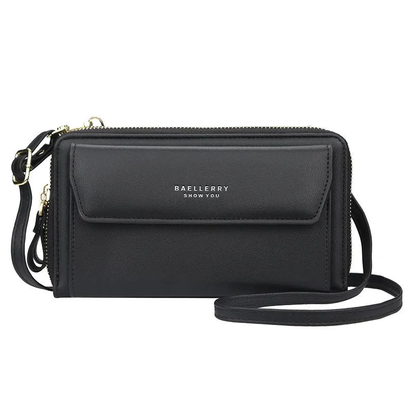 Soft PU leather ladies long wallet with double zip, shown in one of six colours, featuring a horizontal square shape.