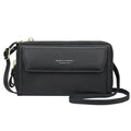 Soft PU leather ladies long wallet with double zip, shown in one of six colours, featuring a horizontal square shape.