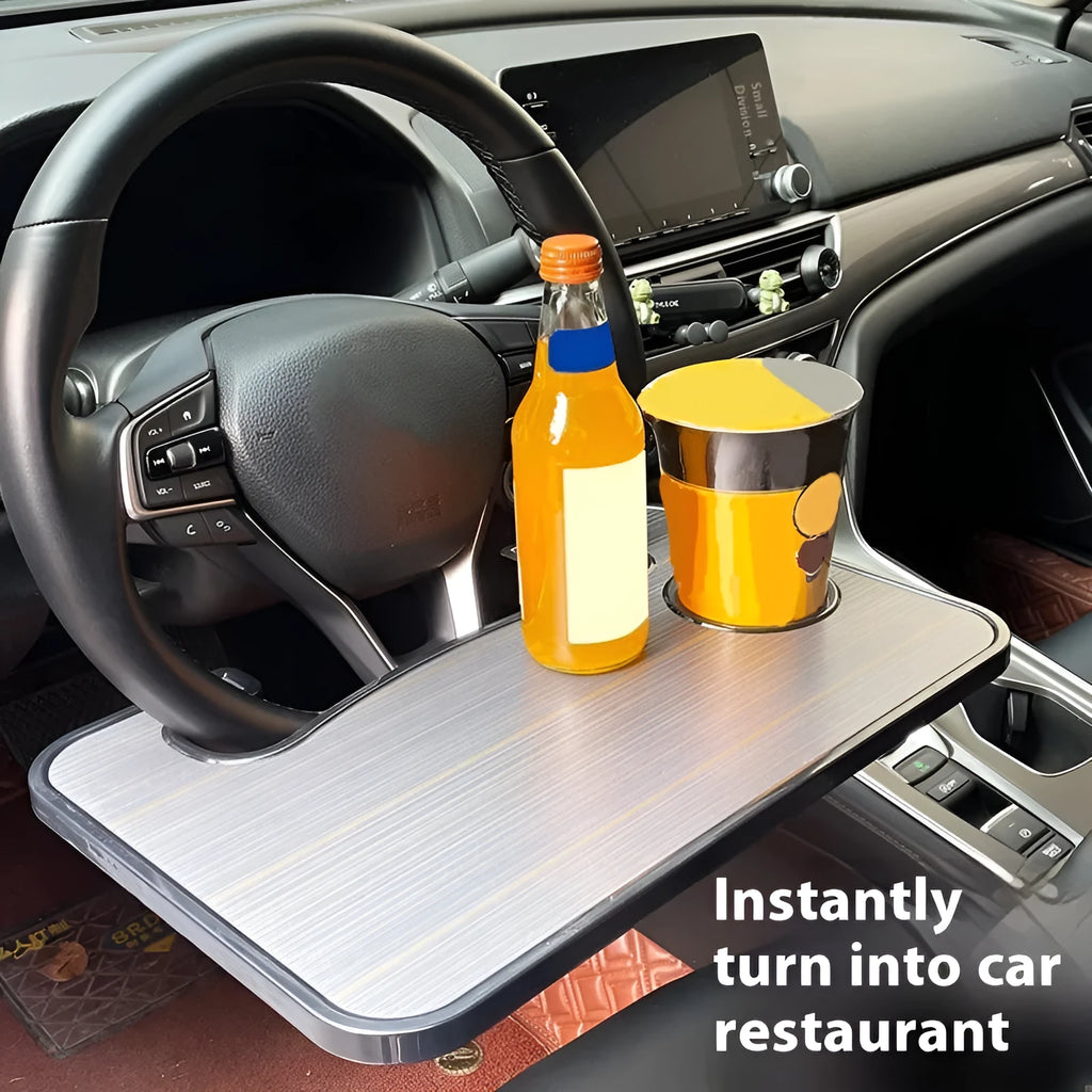 Car steering wheel laptop stand with foldable cup holder in matte black finish