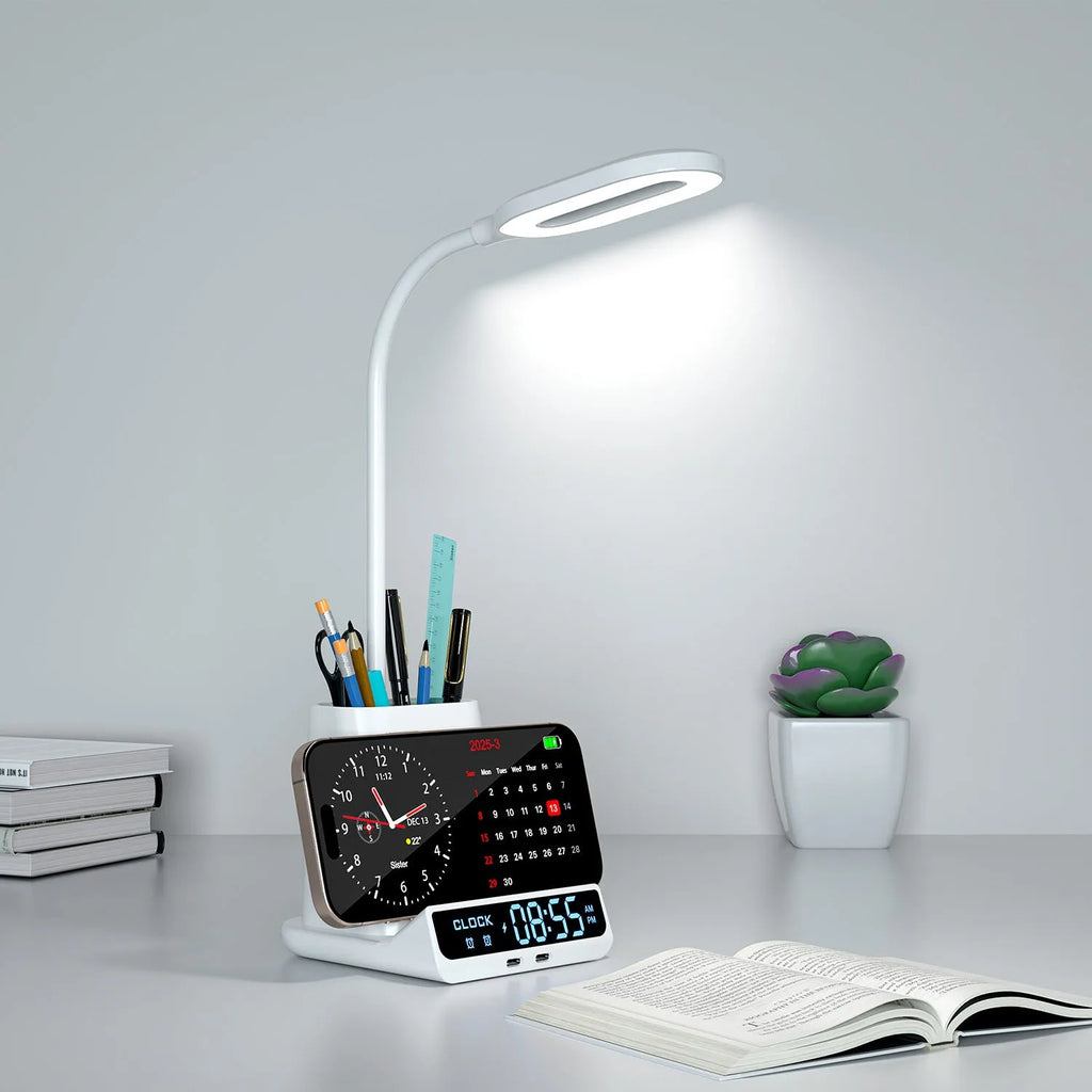 Wireless charging desk lamp with integrated pen holder and storage compartments in modern simplicity design