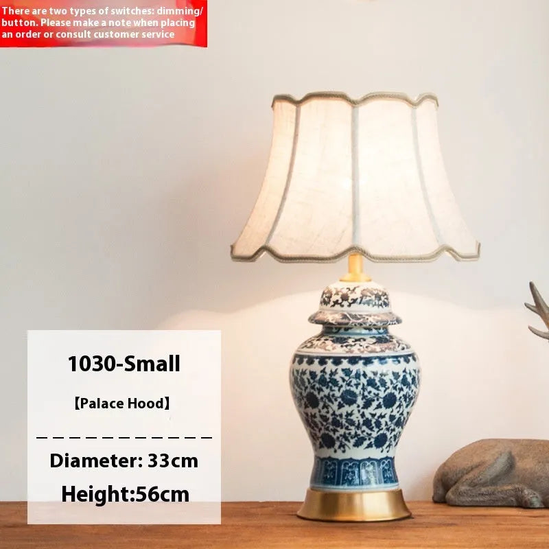 Chinese blue and white porcelain table lamp with ceramic base on bedside table
