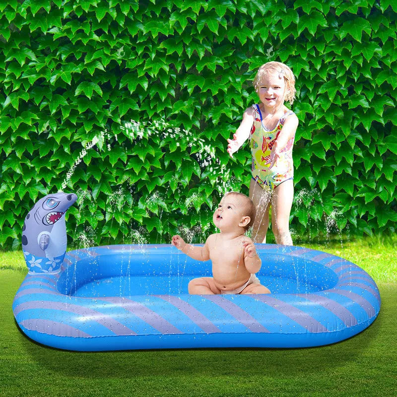 Blue inflatable dinosaur-shaped water pool with shark sprinkler toy for kids