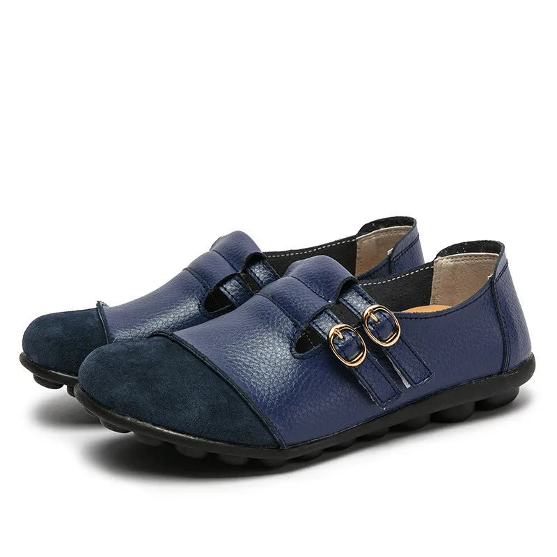 Button brand casual flat shoes with Velcro strap in cow split leather, shown in multiple colours.
