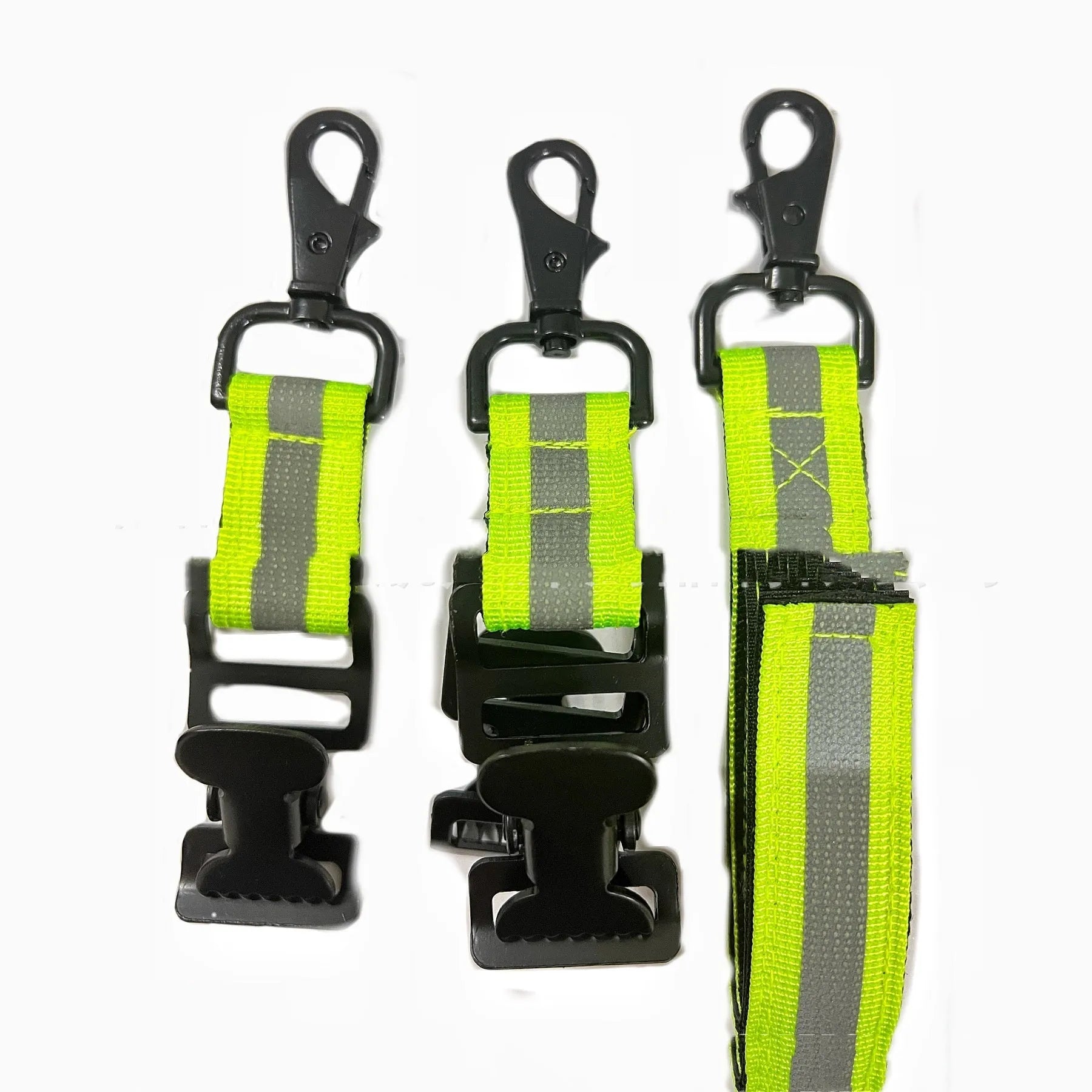Fluorescent green metal buckle clamp for fireman gloves with reflective details.
