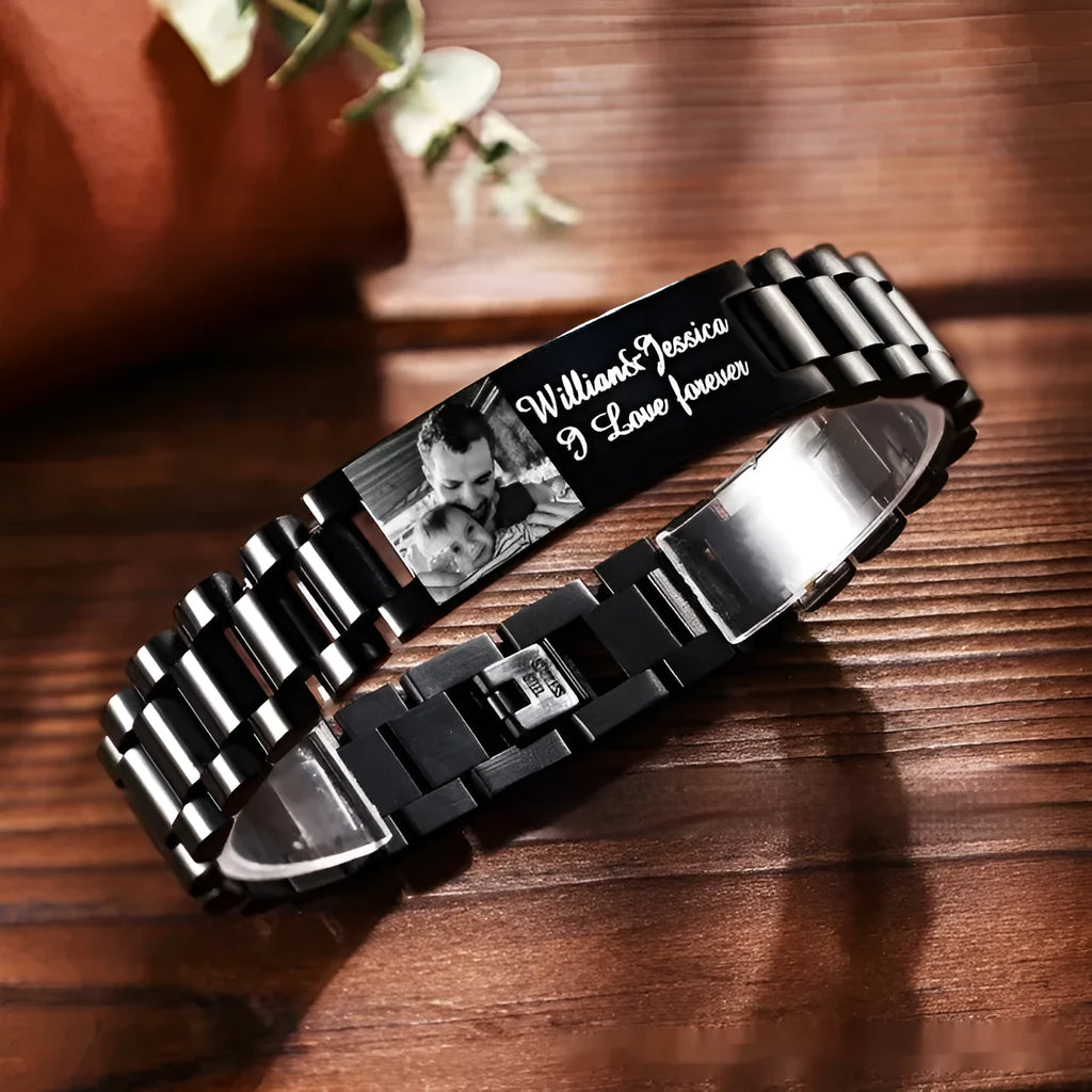 Titanium steel men's bracelet with curved heart shape and black lettering in UV picture gift box