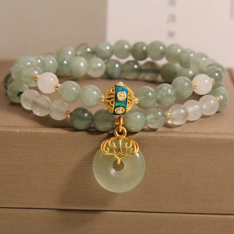 Women's double-layer aventurine jade bracelet with crystal rhinestones and safety buckle clasp