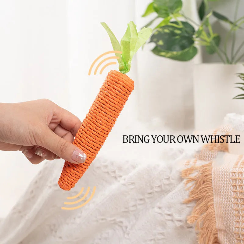Assortment of cat toys including carrot bites, paper toys, ringing stones, sticks and tooth grinding sticks