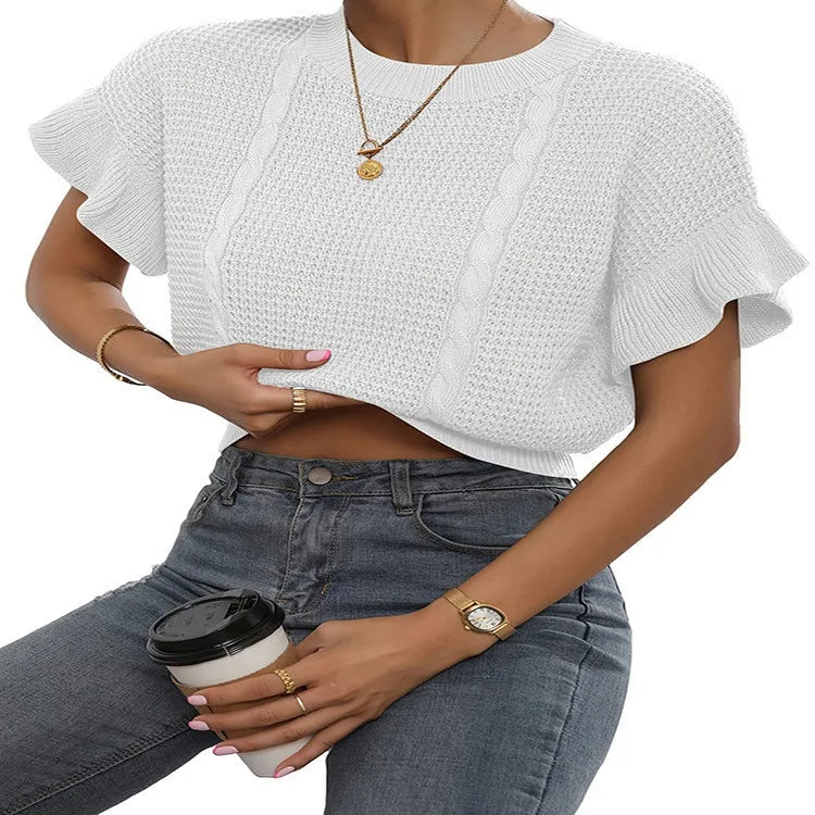 Twisted string design knitted pullover with ruffle short sleeves and round neck in loose Japanese Korean casual style