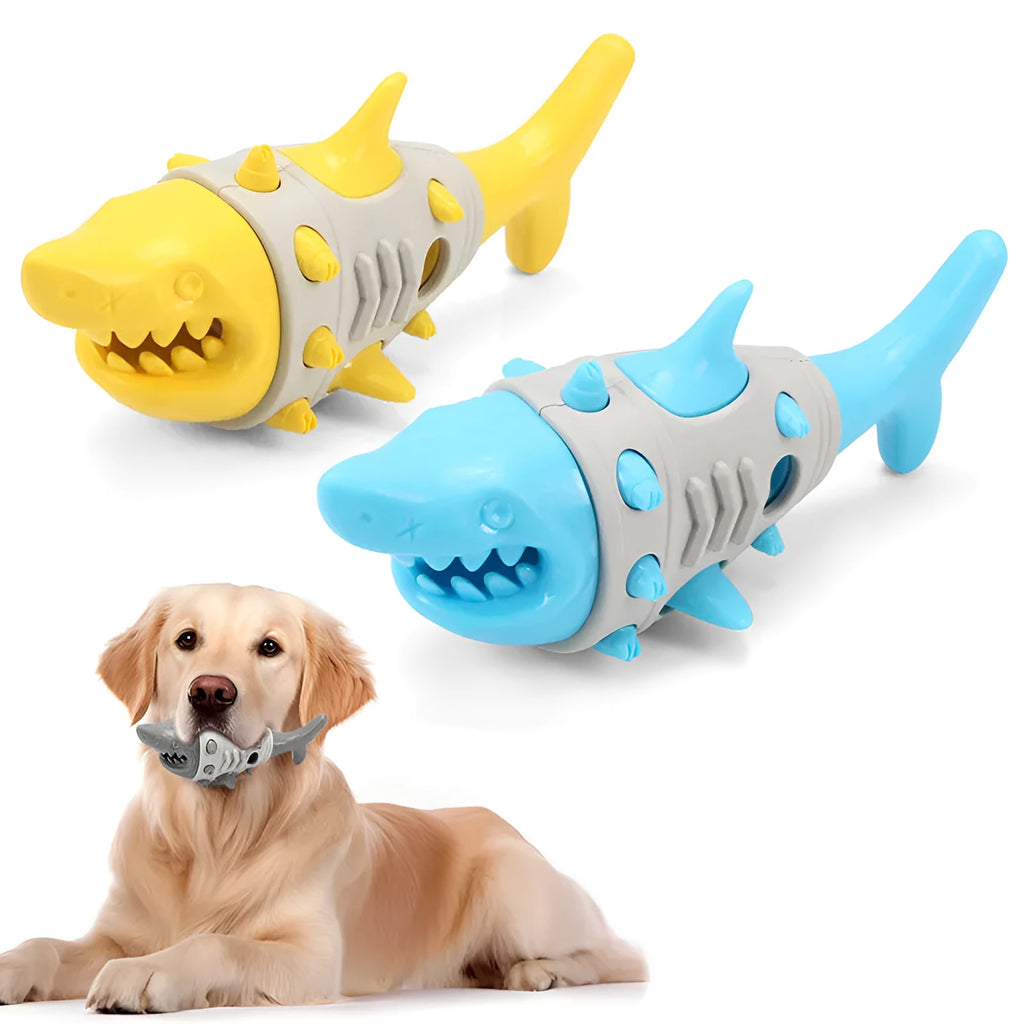 Shark tooth patterned dog chew toy for teething puppies and dental cleaning in blue colour