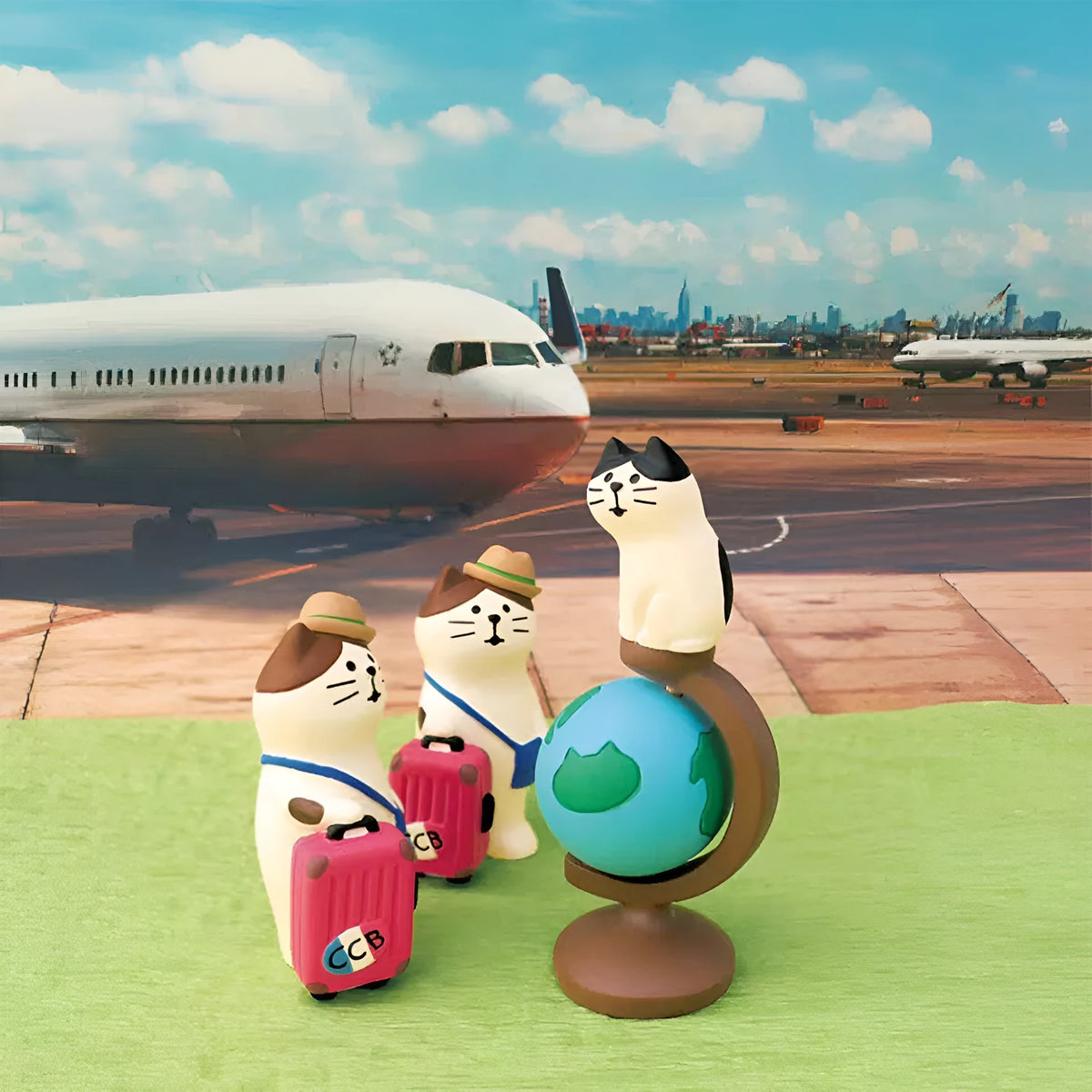 Cartoon Cat of Liberty resin statue on display in Earth Instrument or Carp Cat design style.