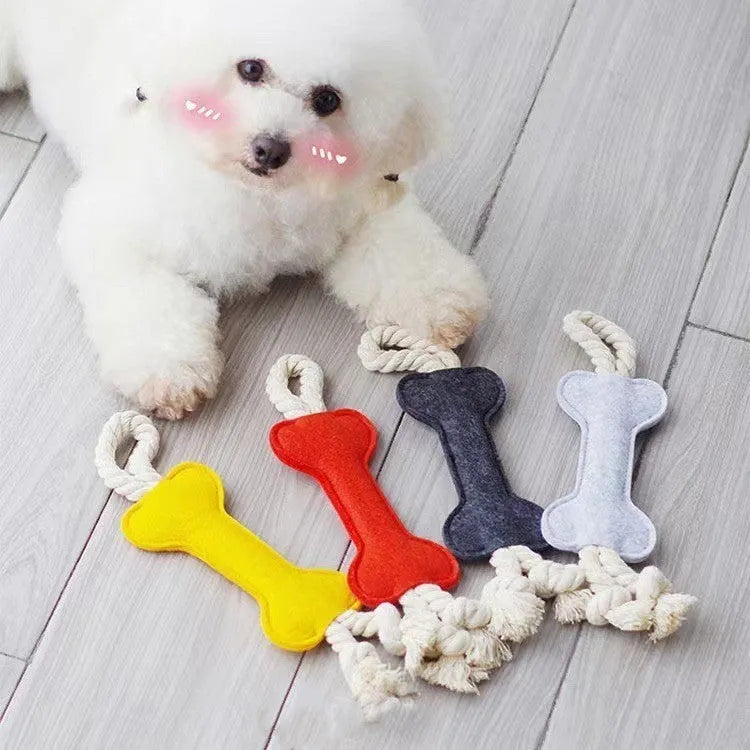 Bone shaped dog chew toy with rope knot construction in blue colour on white background