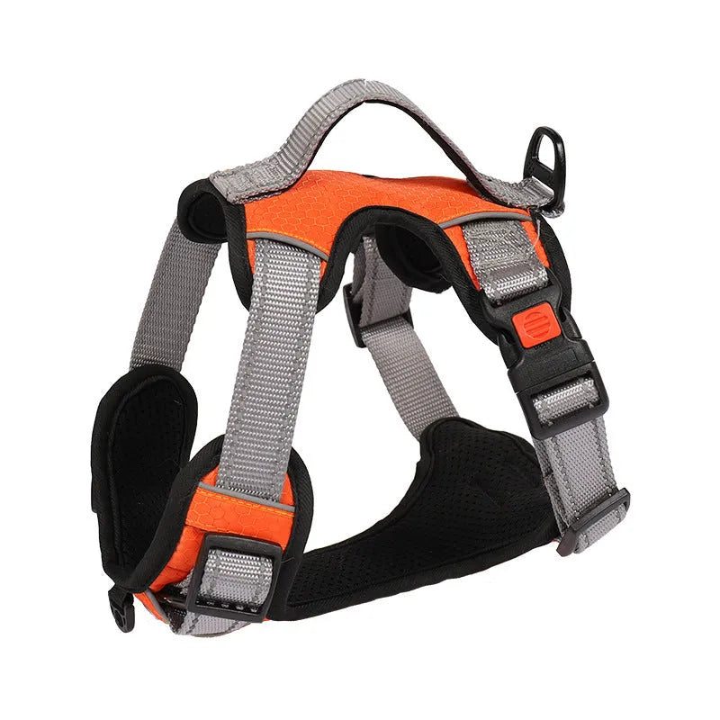 Adjustable polyester dog chest harness in multiple colours with optional hand-holding rope attached.