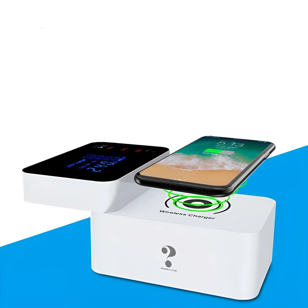 White multi USB port fast charger with wireless charging pad and interchangeable EU UK US plug adapters