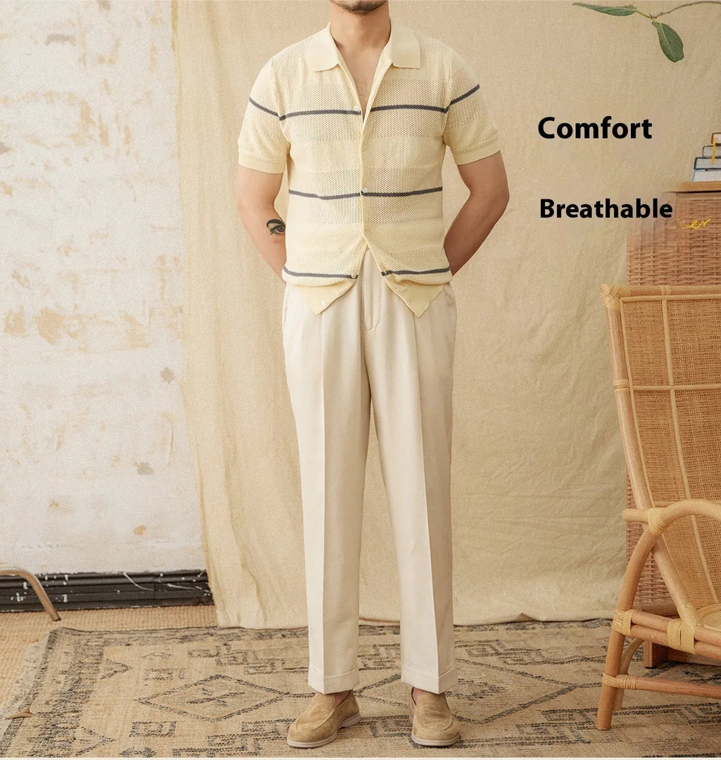 Camel coloured lapel collar short sleeve knitted cardigan on a hanger