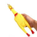 Yellow rubber screaming chicken dog squeak toy shown in three different sizes