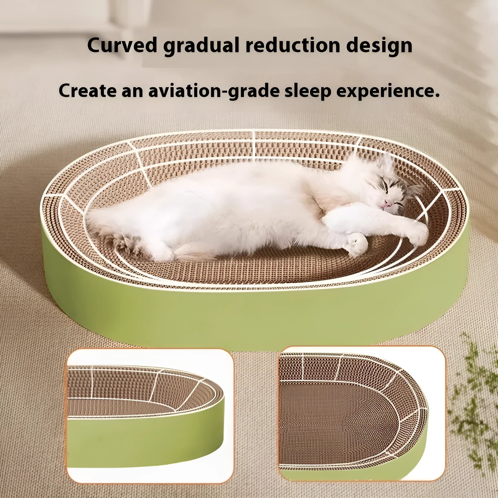 Oval shaped cat scratch board made of corrugated paper in green or purple, 55cm diameter