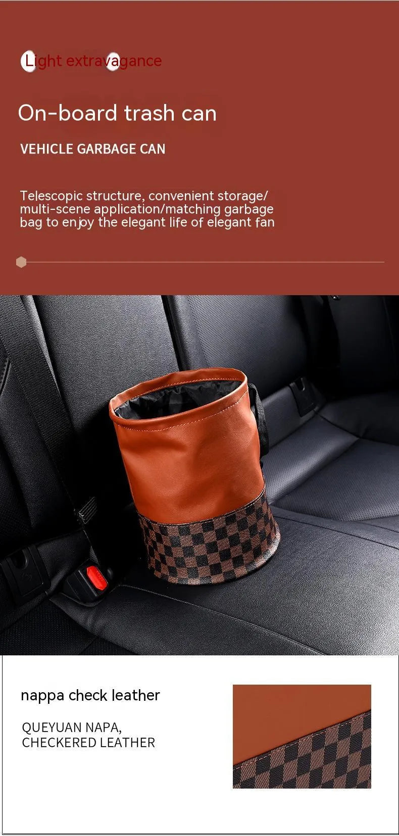 Retractable leather car interior bin showing waterproof construction with handle and folding mechanism