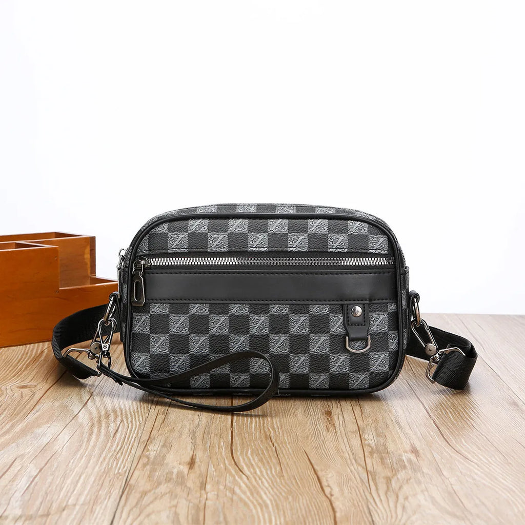 Men's black horizontal messenger bag with geometric pattern and shoulder strap