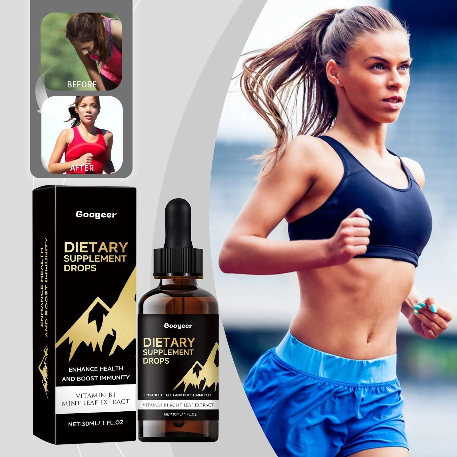 30ml bottle of clear liquid dietary supplement drops with a gluten-free, no-added-sugar label
