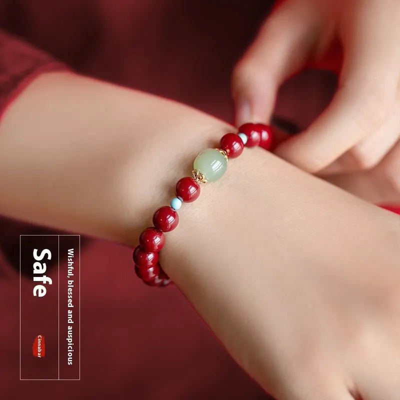 Cinnabar Hetian jade bracelet with purple gold sand finish and geometric ellipse beads in three sizes