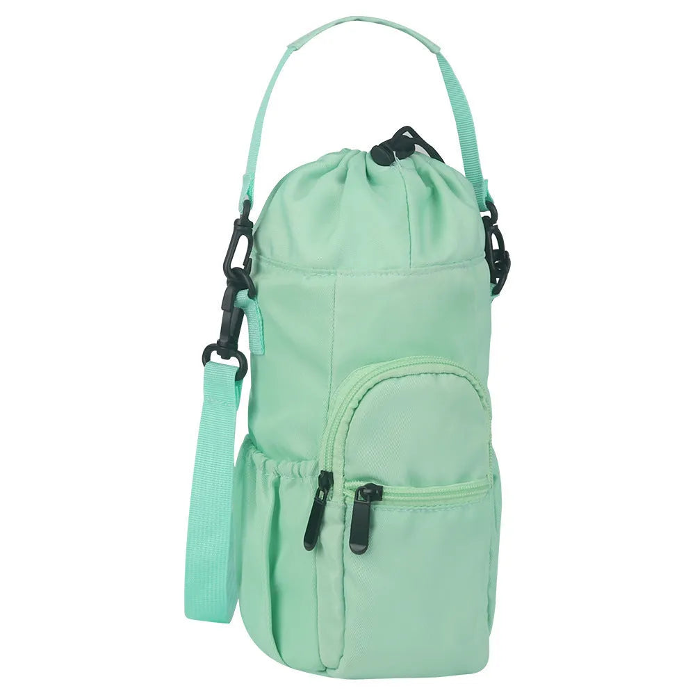 Cloth canvas water bottle pouch with a removable crossbody strap in black, green, and pink colour options.