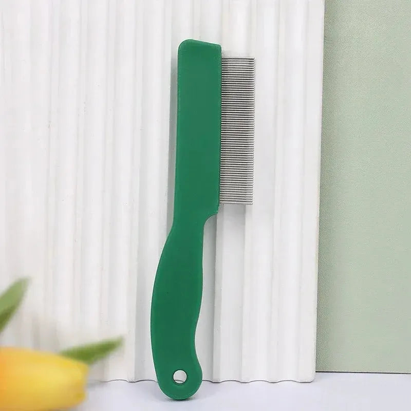 Green plastic handle pet flea comb with stainless steel pins for dog and cat grooming