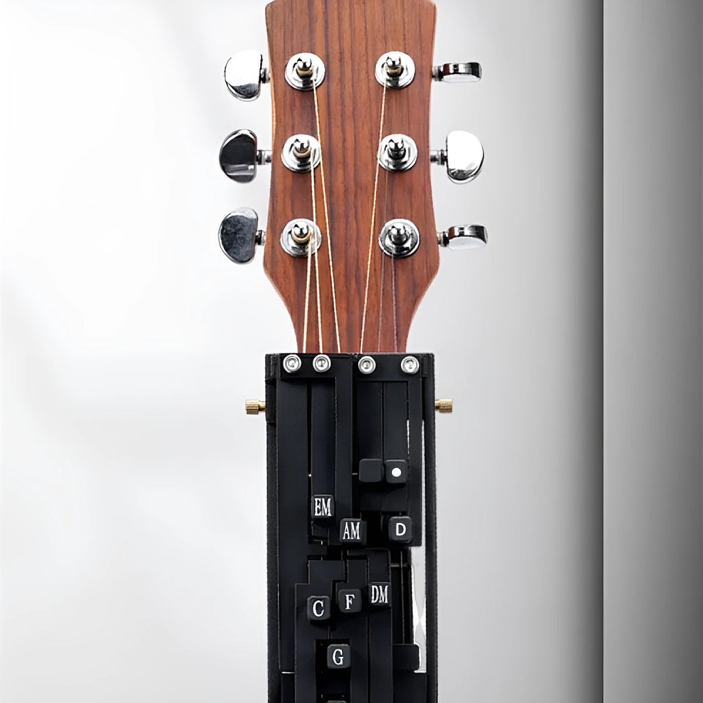 Black automatic guitar chord device for folk playing practice with double chord functionality